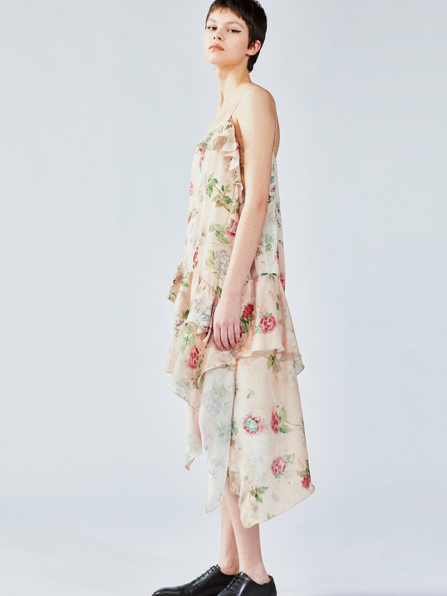 Vintage wallpaper-inspired floral asymmetric ruffle slip dress