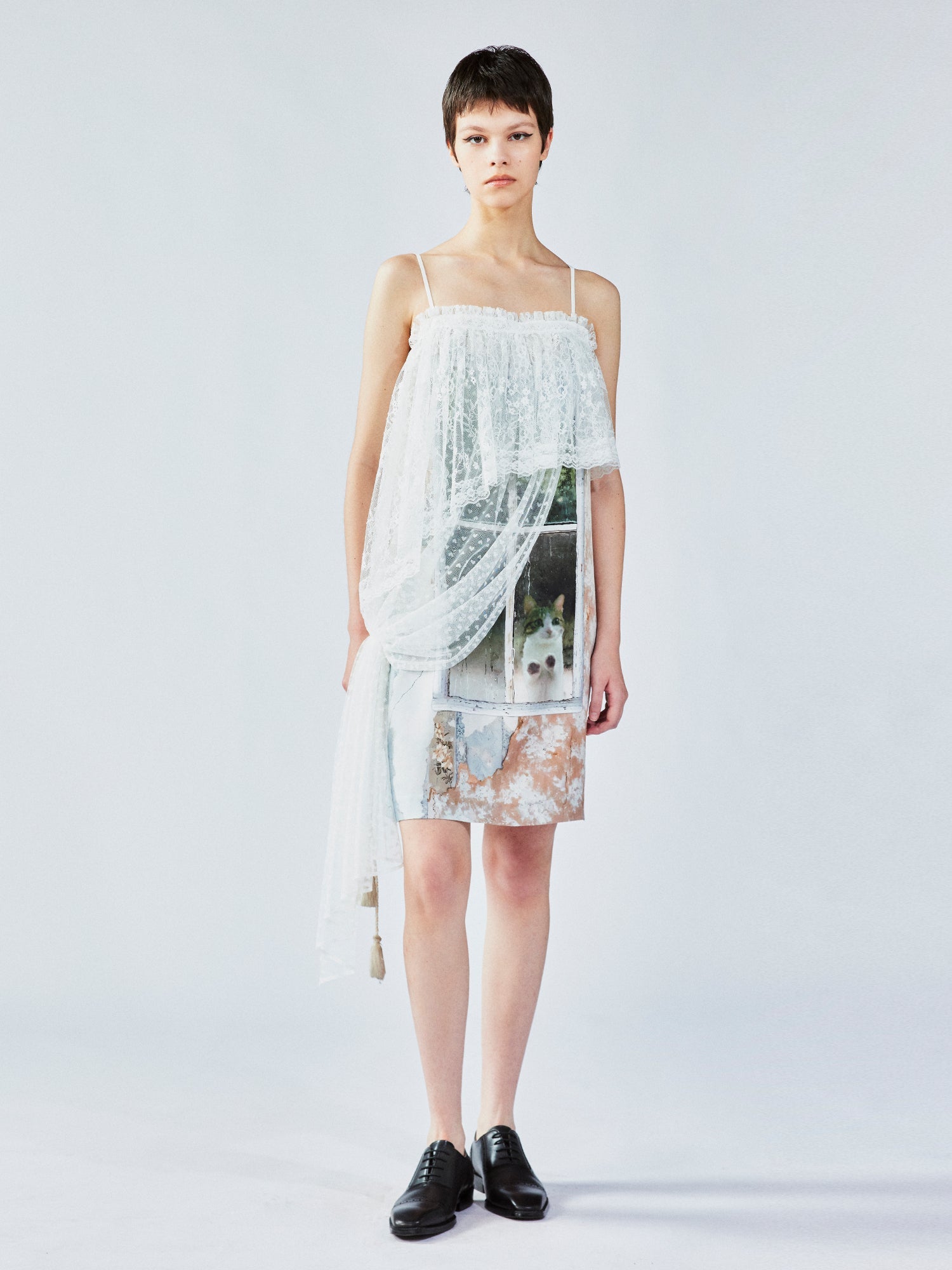 Satin & lace window scene print slip dress