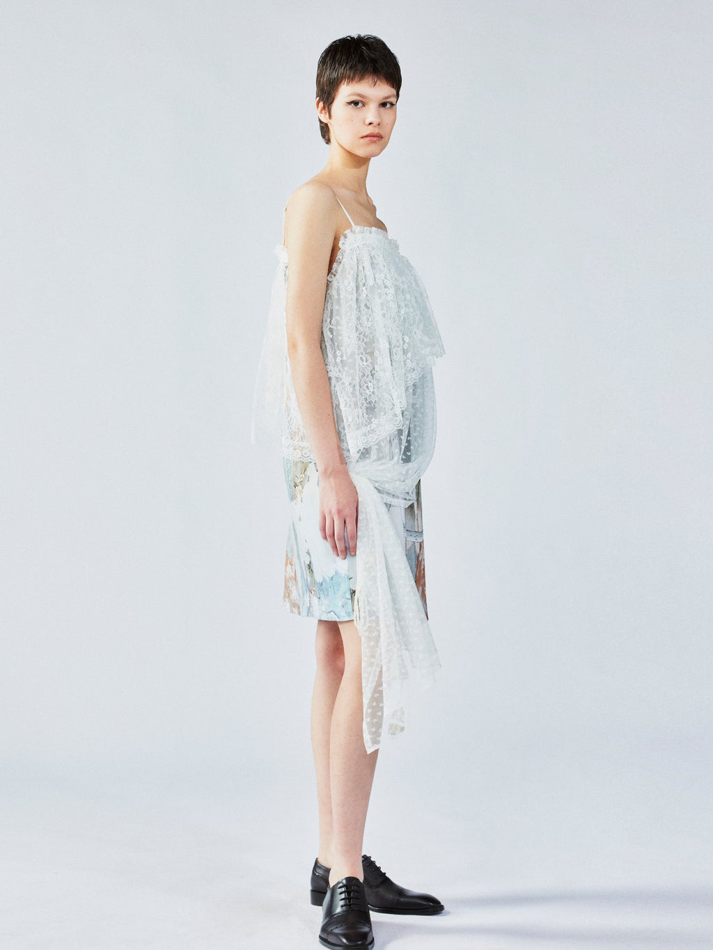 Satin & lace window scene print slip dress