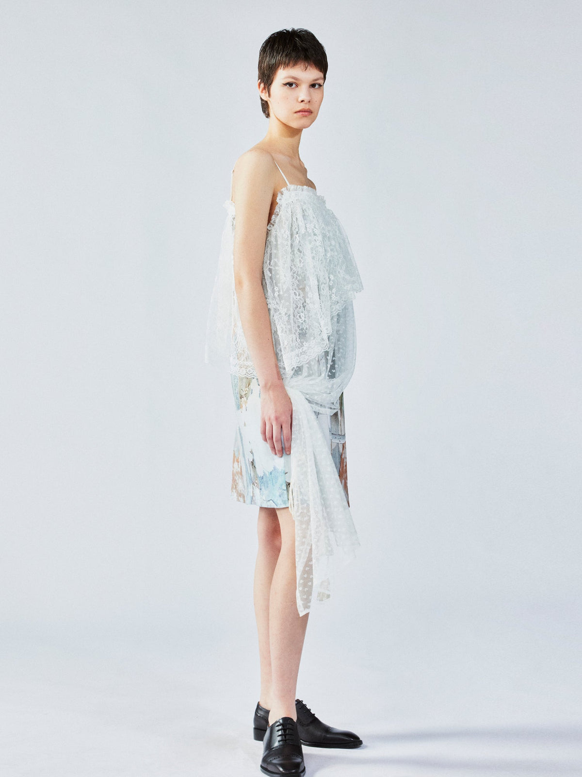 Satin & lace window scene print slip dress