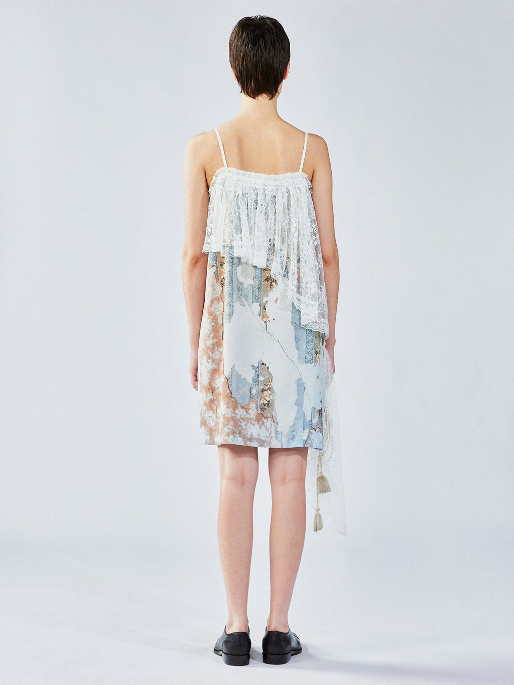 Satin & lace window scene print slip dress