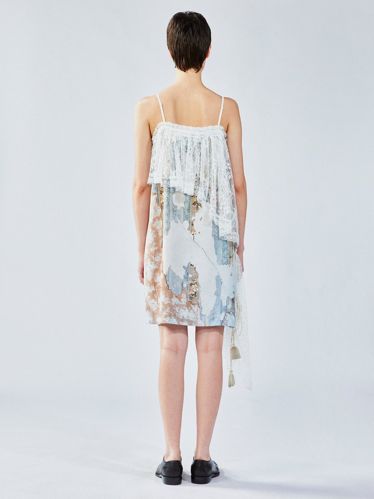 Satin & lace window scene print slip dress