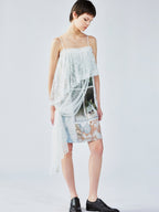 Satin & lace window scene print slip dress