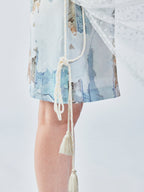 Satin & lace window scene print slip dress