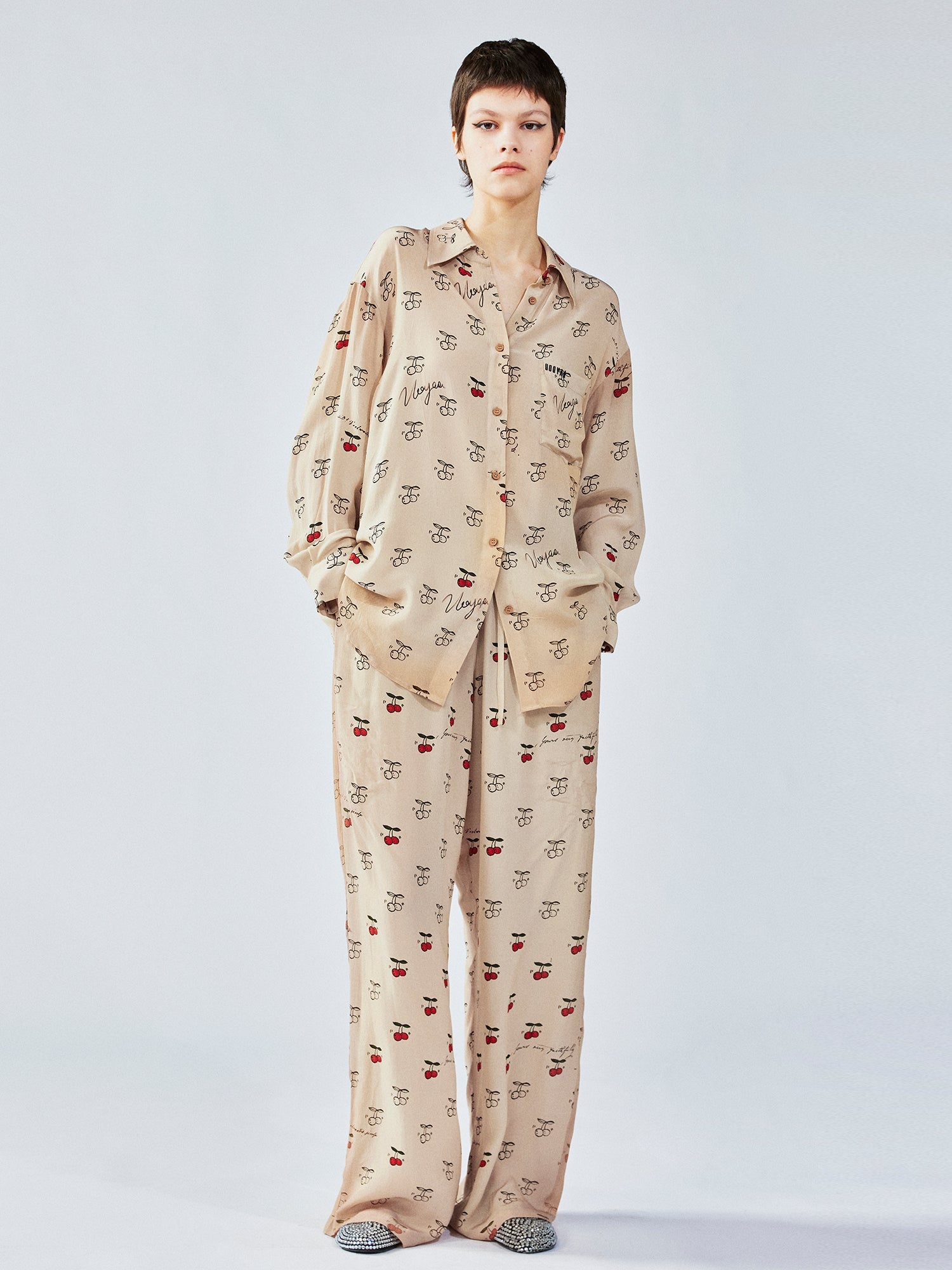 Hand-sketched dynamic cherry print pajama pants