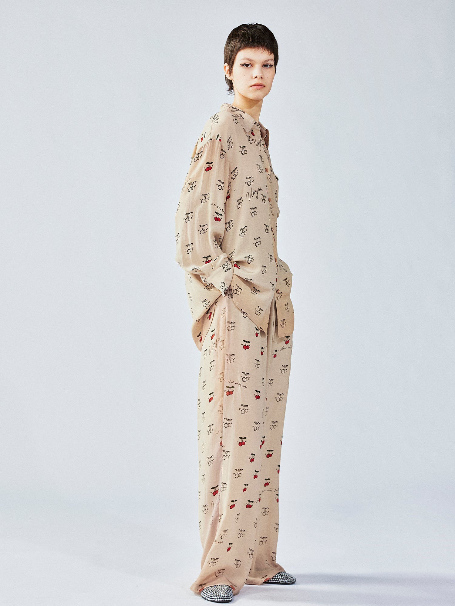 Hand-sketched dynamic cherry print pajama pants