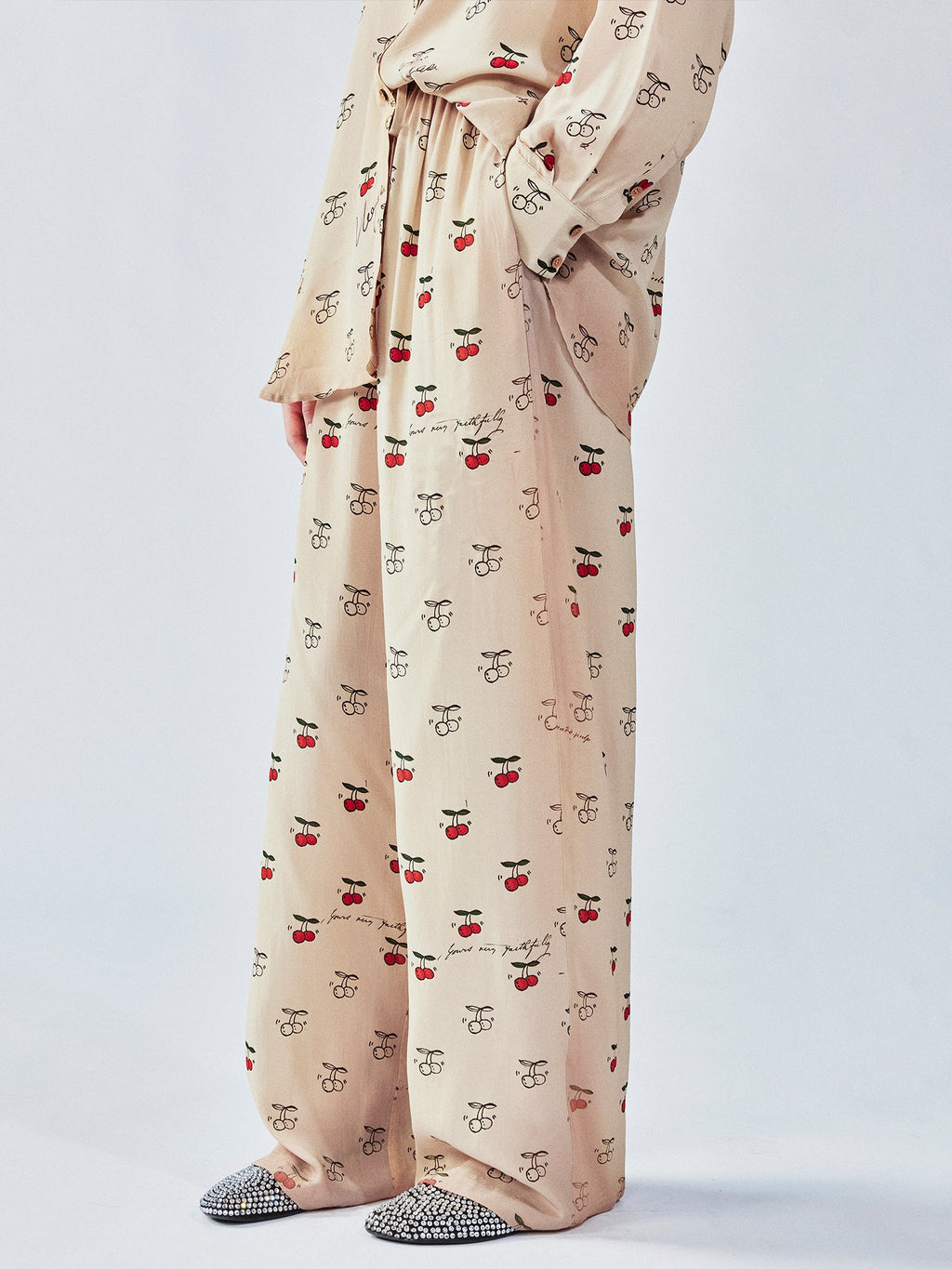 Hand-sketched dynamic cherry print pajama pants