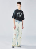Faded wash distressed straight jeans