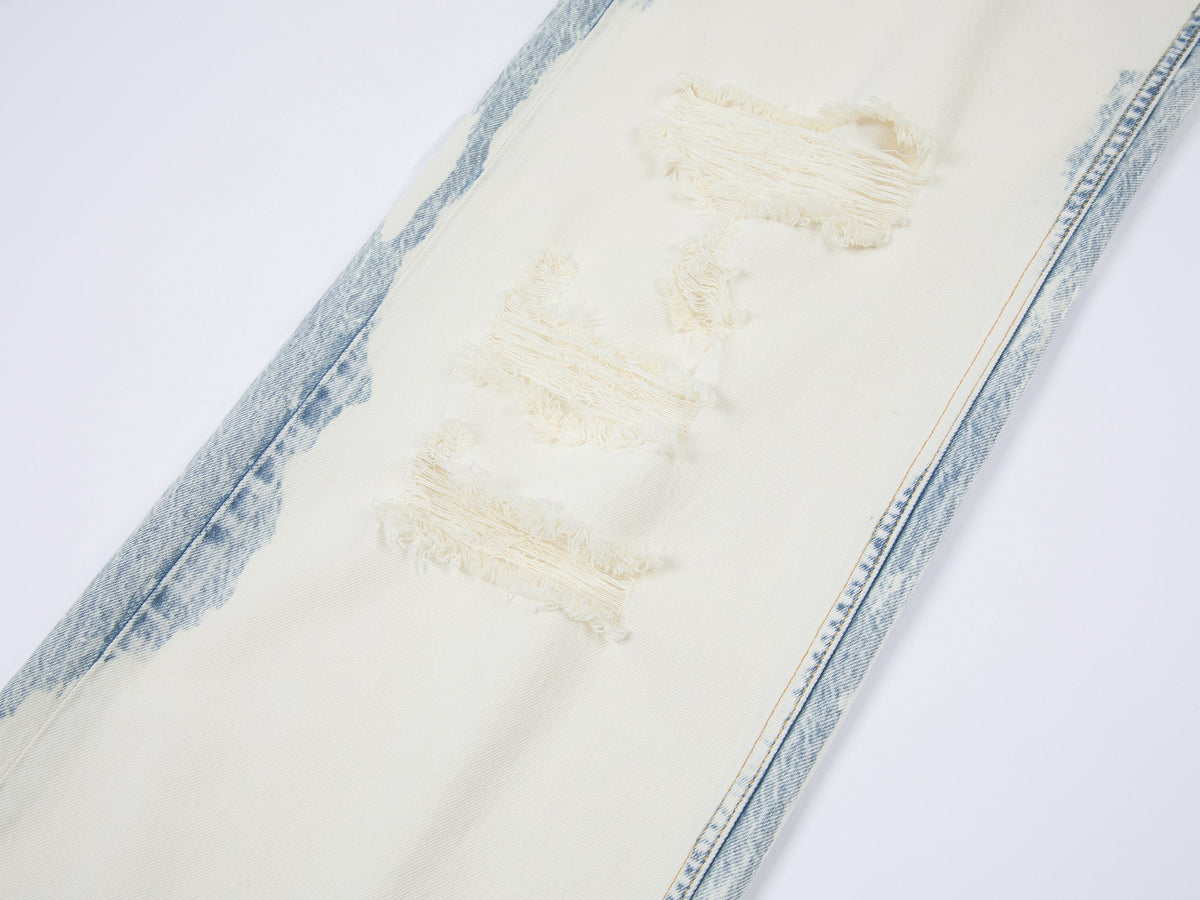 Faded wash distressed straight jeans