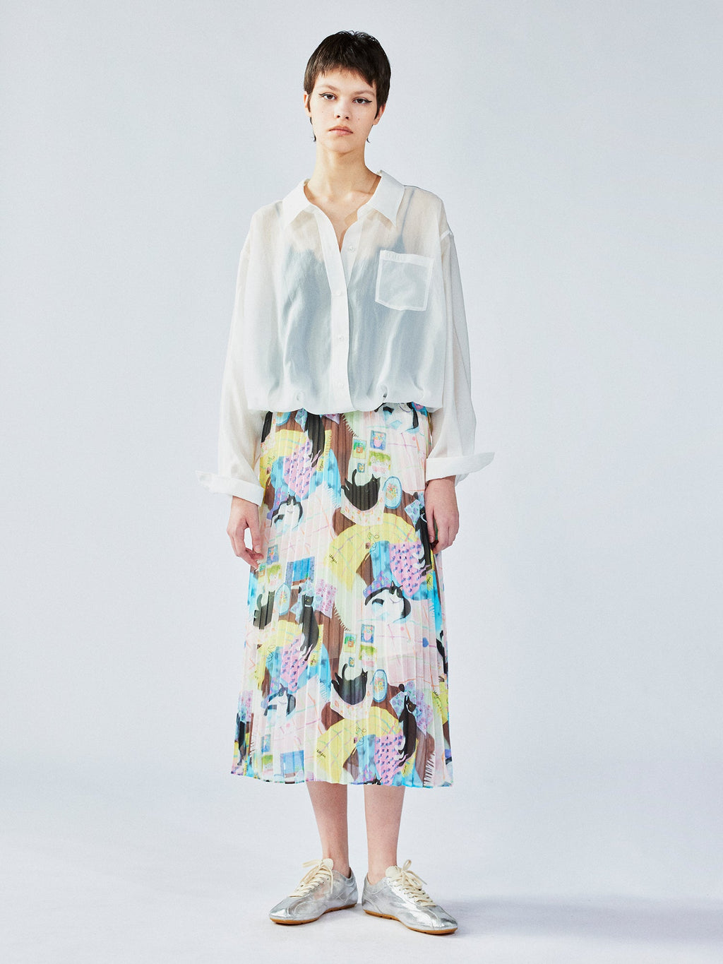 Cat print pleated skirt