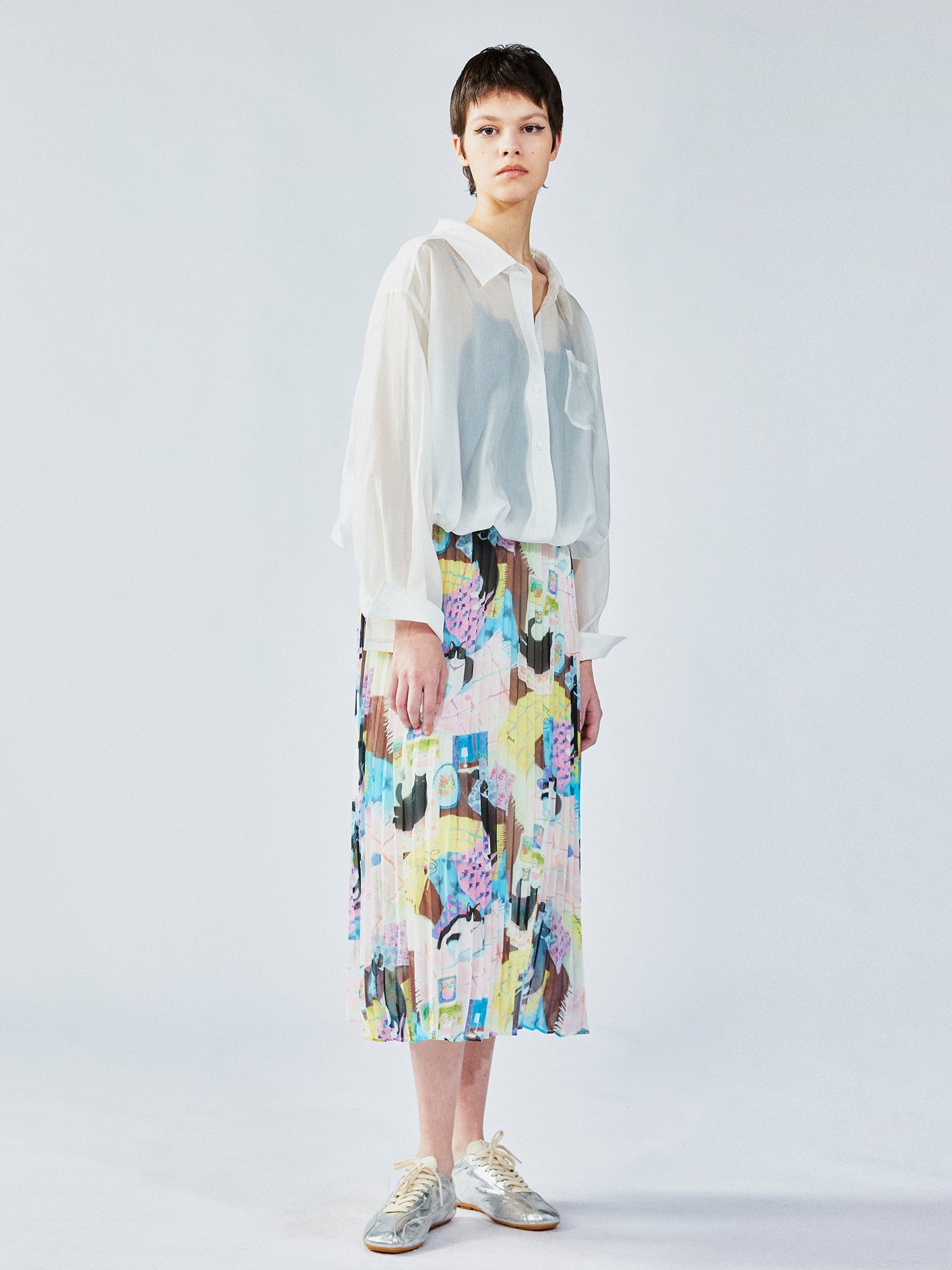 Cat print pleated skirt