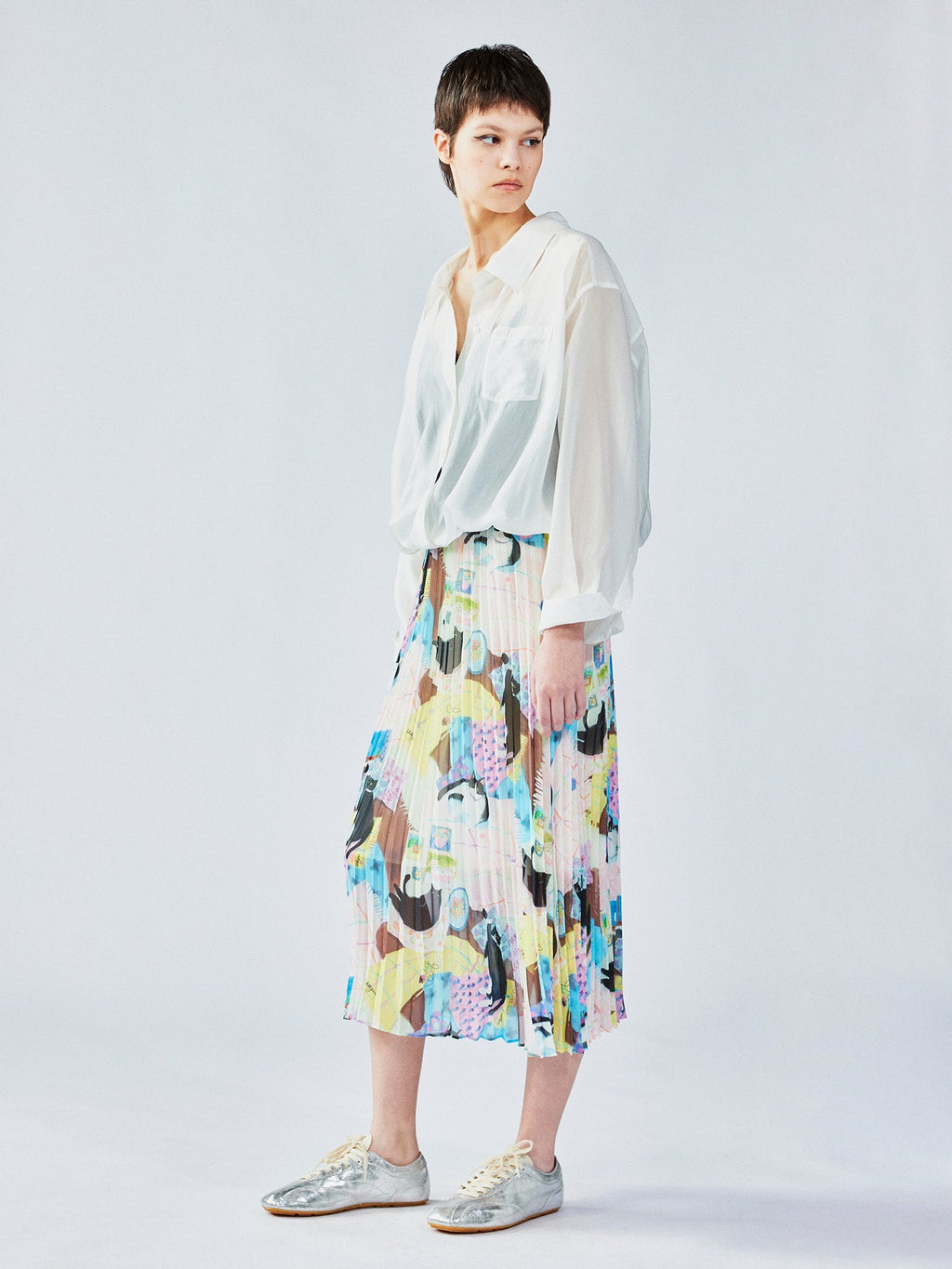 Cat print pleated skirt