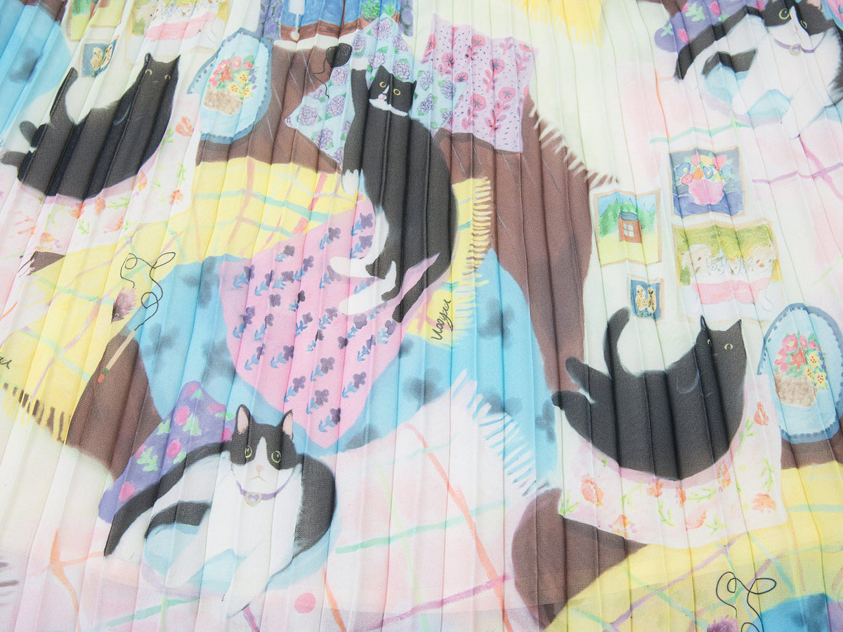 Cat print pleated skirt