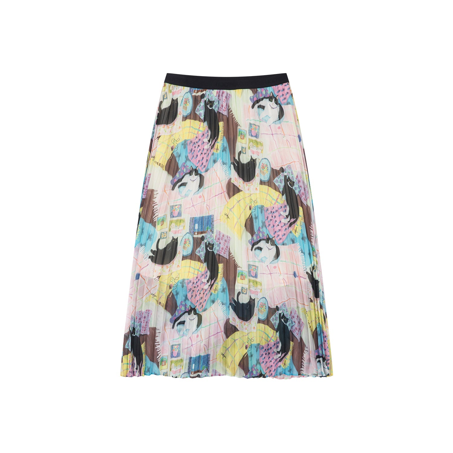 Cat print pleated skirt