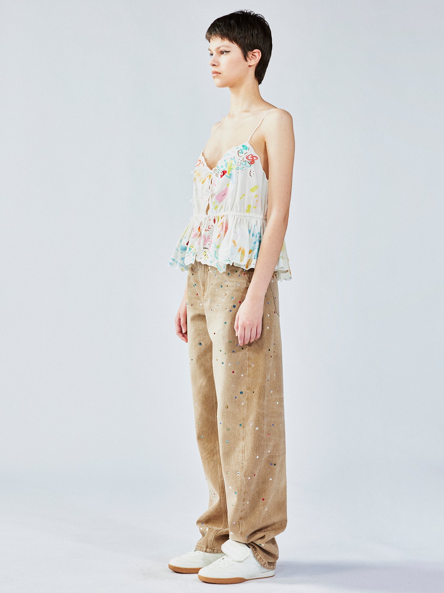 Graffiti ruffle tie-strap camisole