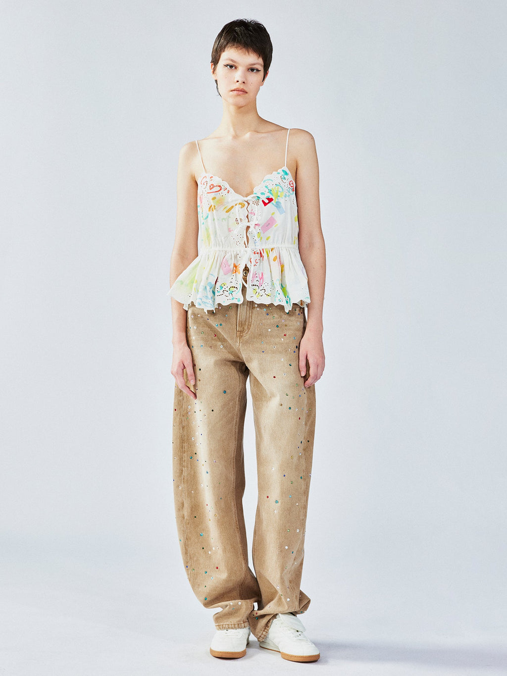 Graffiti ruffle tie-strap camisole