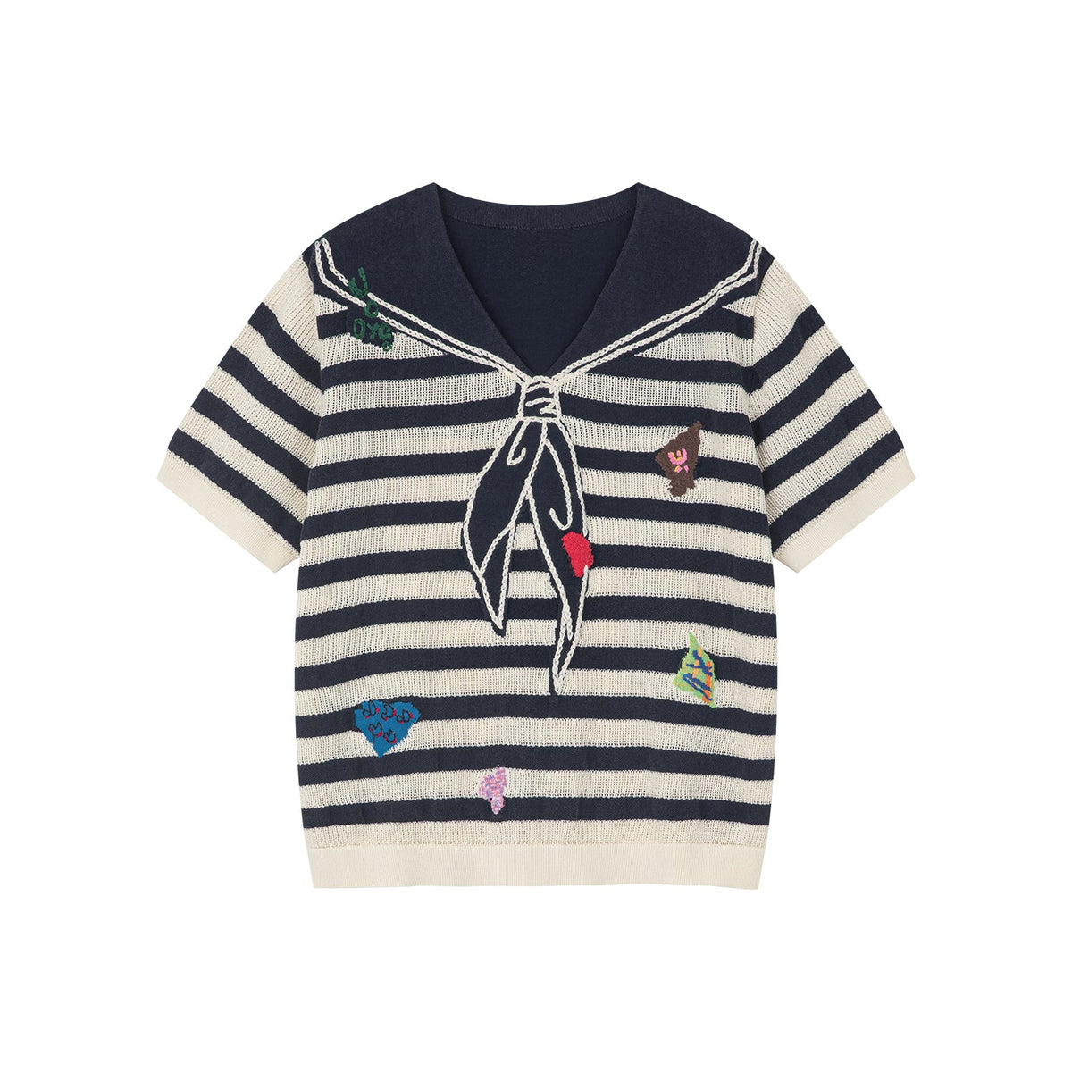 Patchwork Remake striped sailor collar knit tee