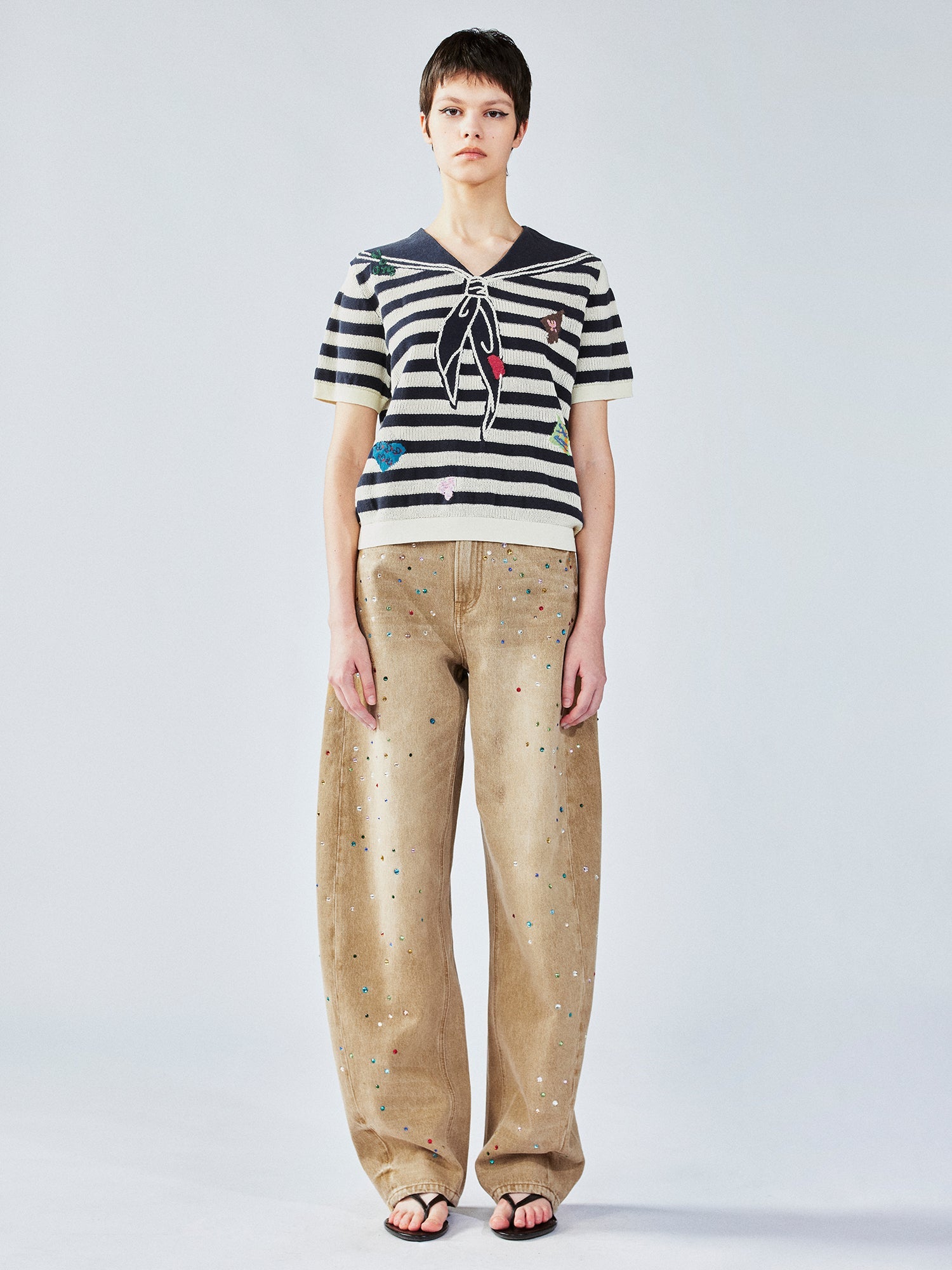 Patchwork Remake striped sailor collar knit tee