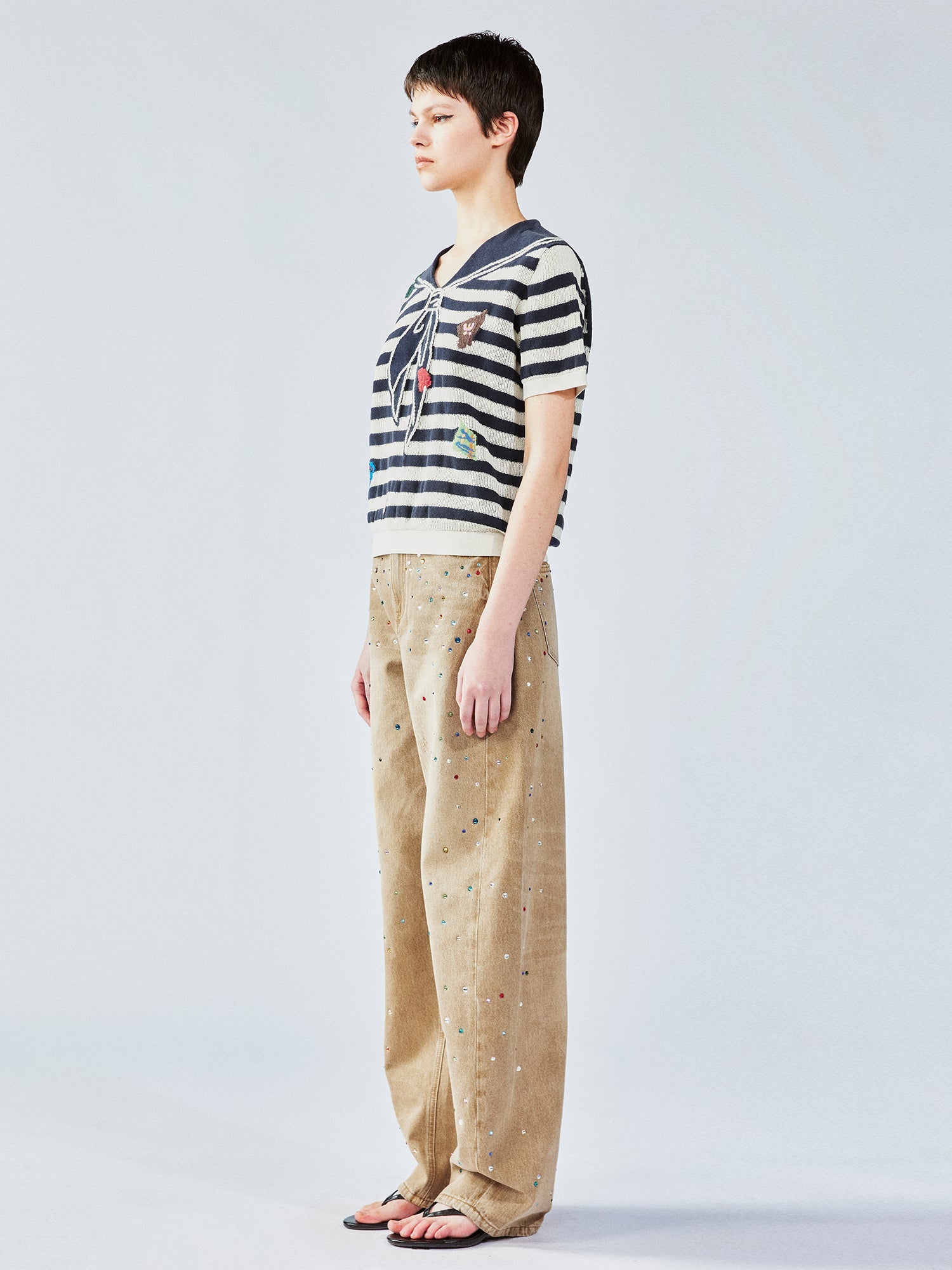 Patchwork Remake striped sailor collar knit tee