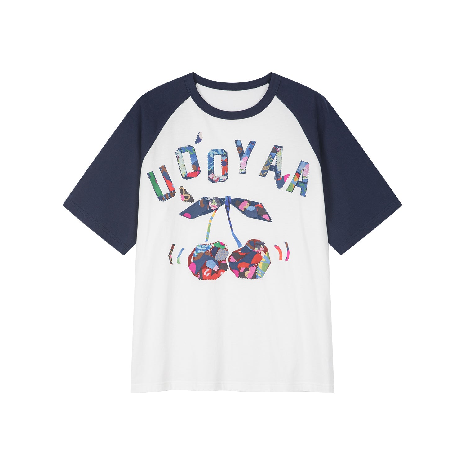 Cherry print raglan tee with floral patchwork