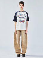 Cherry print raglan tee with floral patchwork