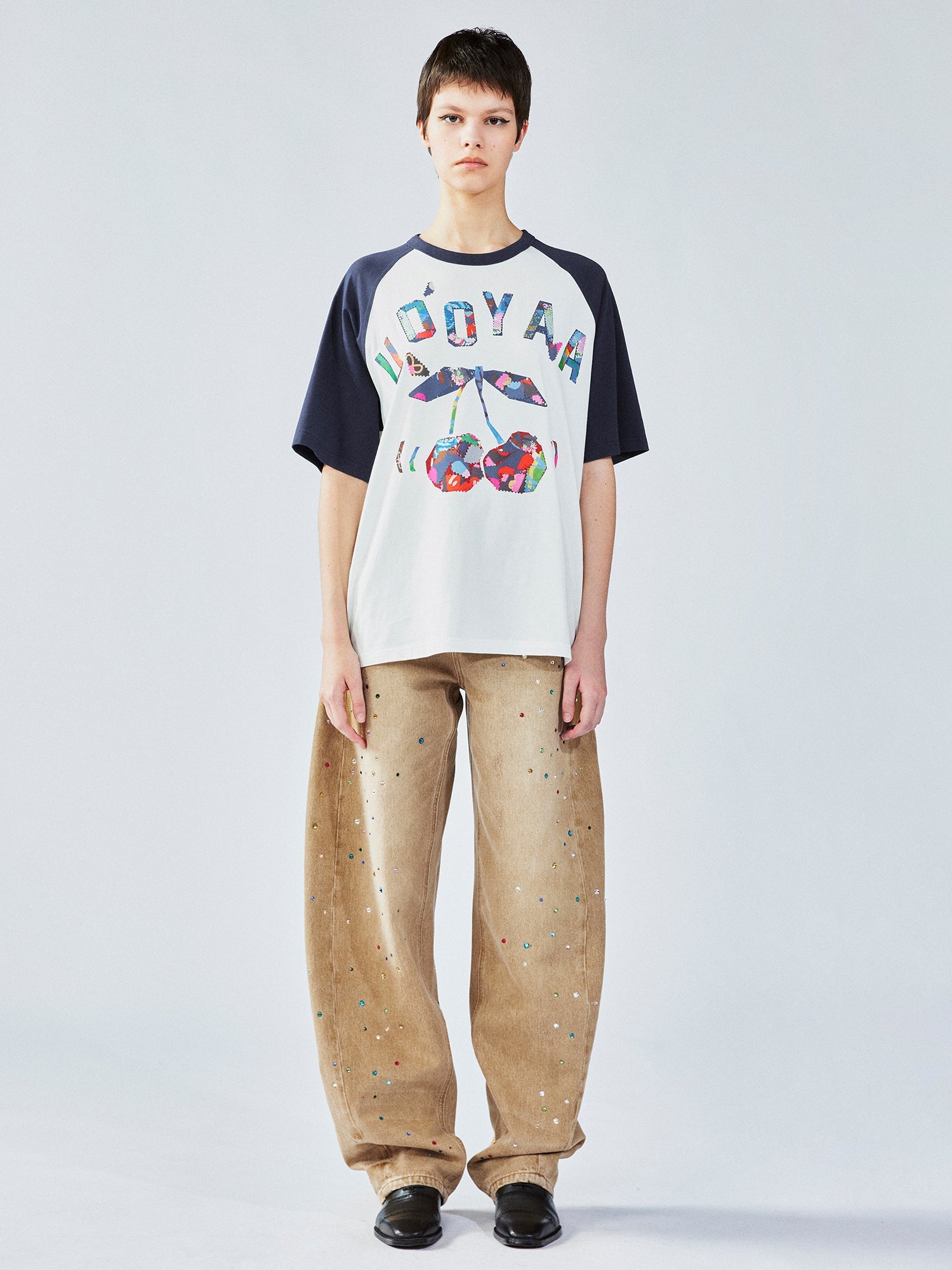 Cherry print raglan tee with floral patchwork