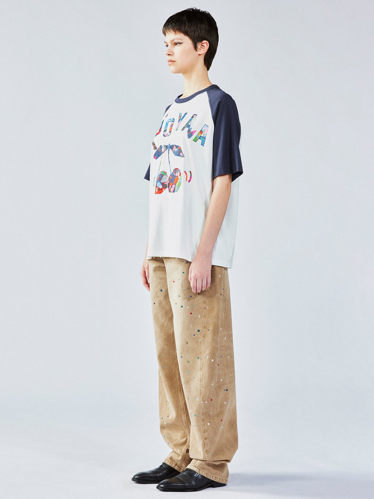 Cherry print raglan tee with floral patchwork