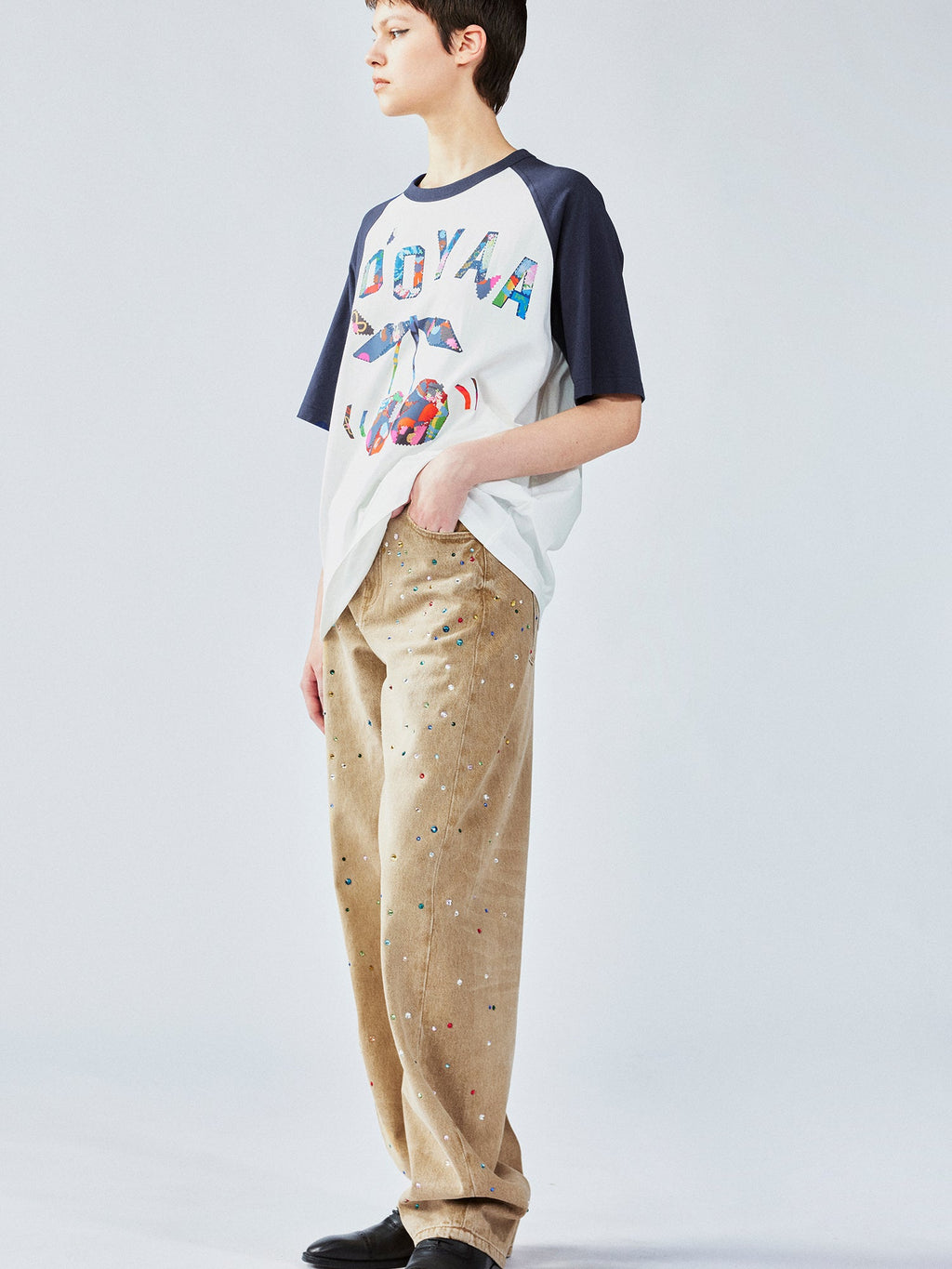 Cherry print raglan tee with floral patchwork