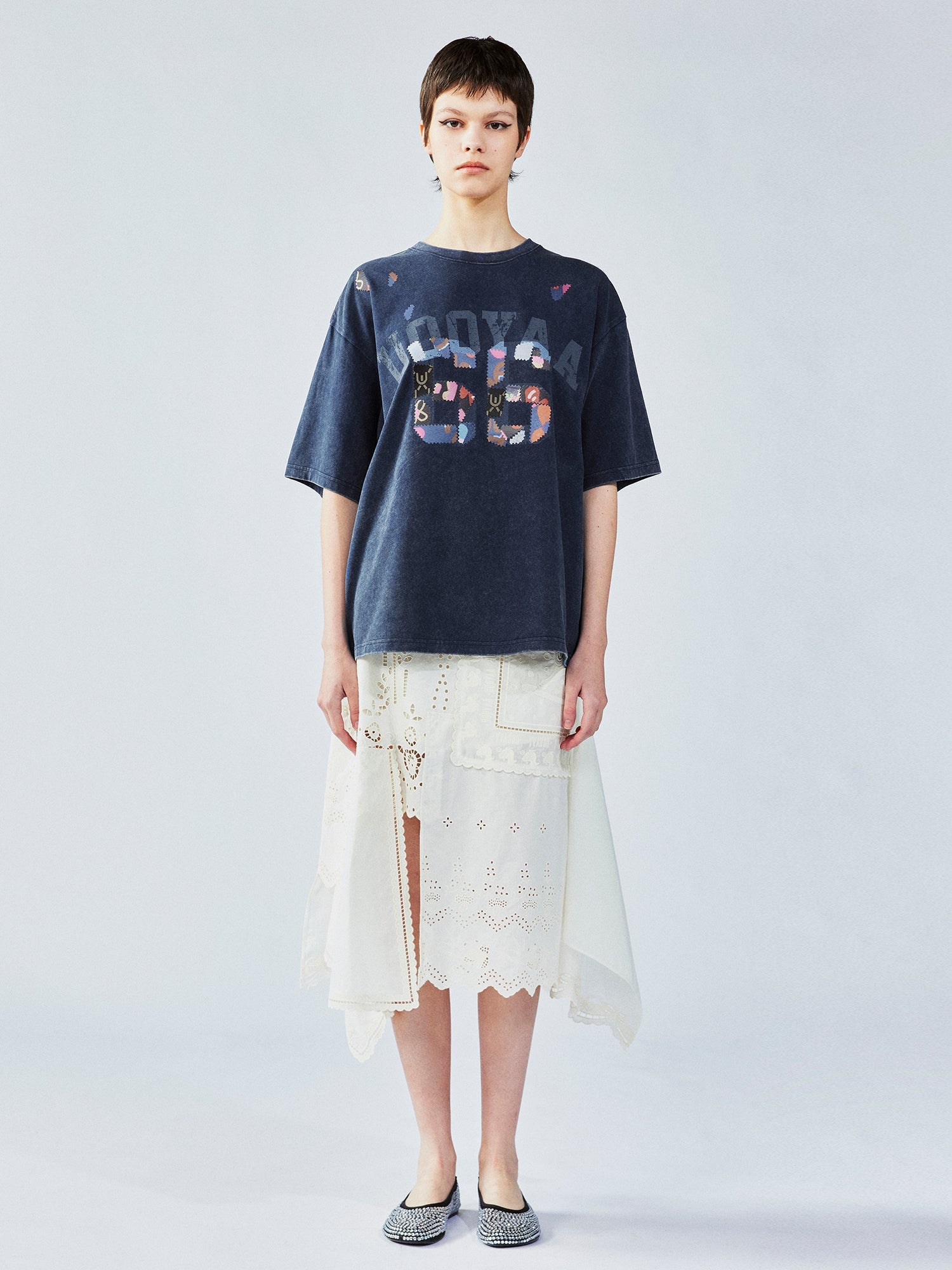 College tee with floral patchwork