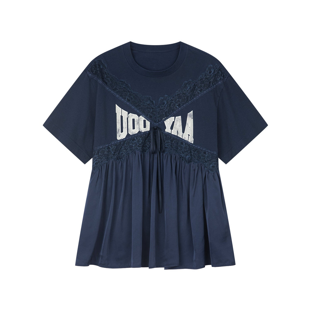 Lace satin ruched pullover
