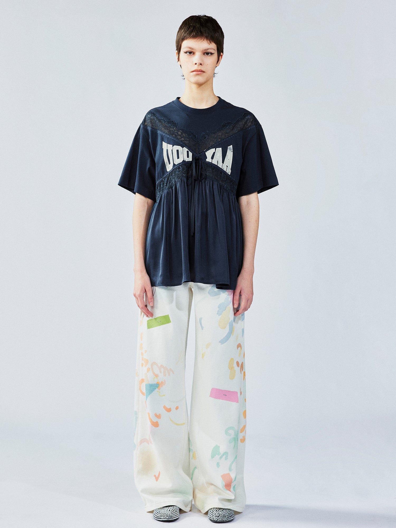 Lace satin ruched pullover