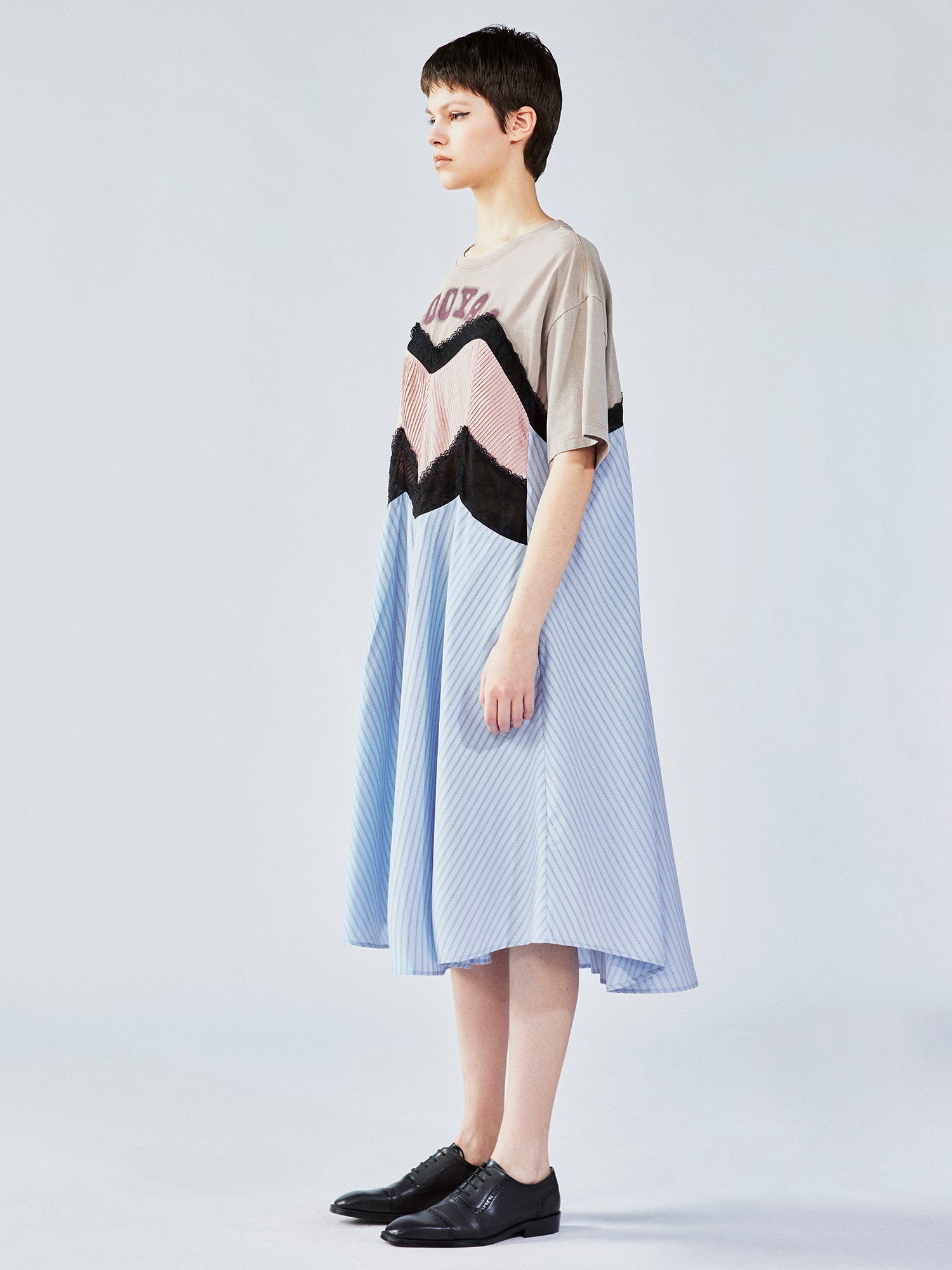 Patchwork cotton tee with lace dress