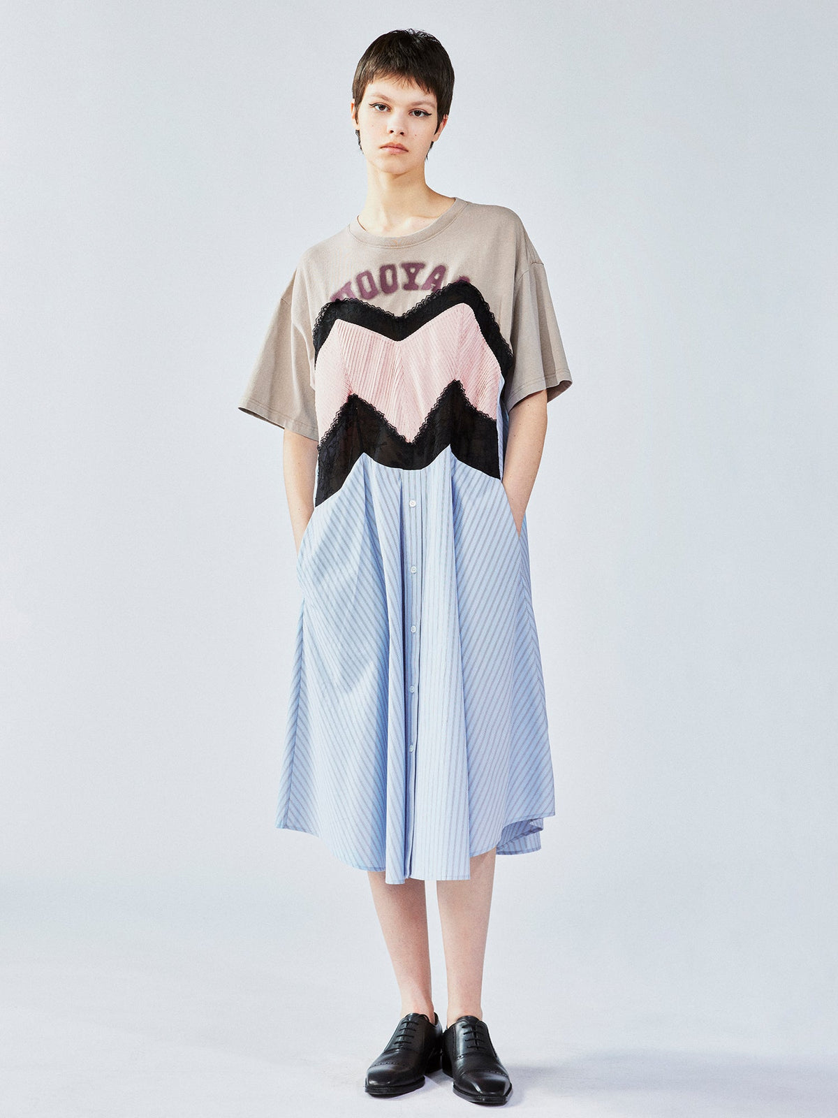 Patchwork cotton tee with lace dress