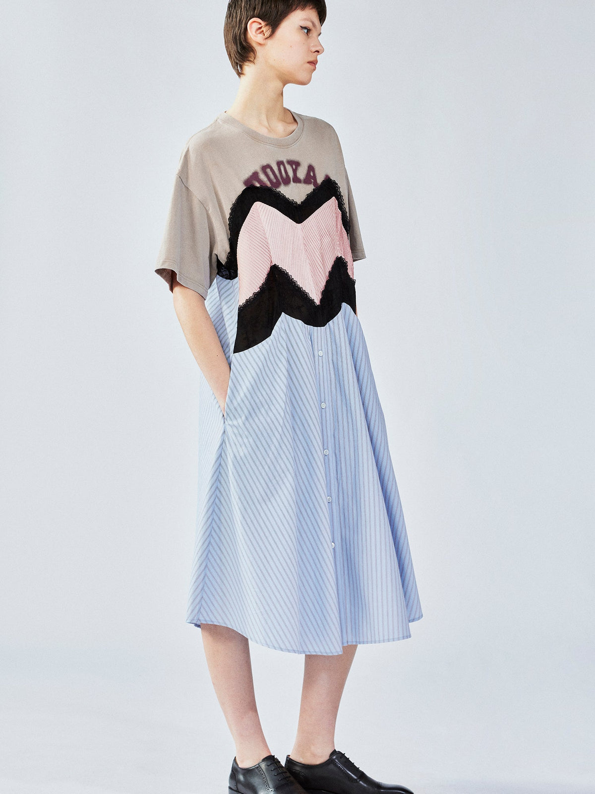 Patchwork cotton tee with lace dress