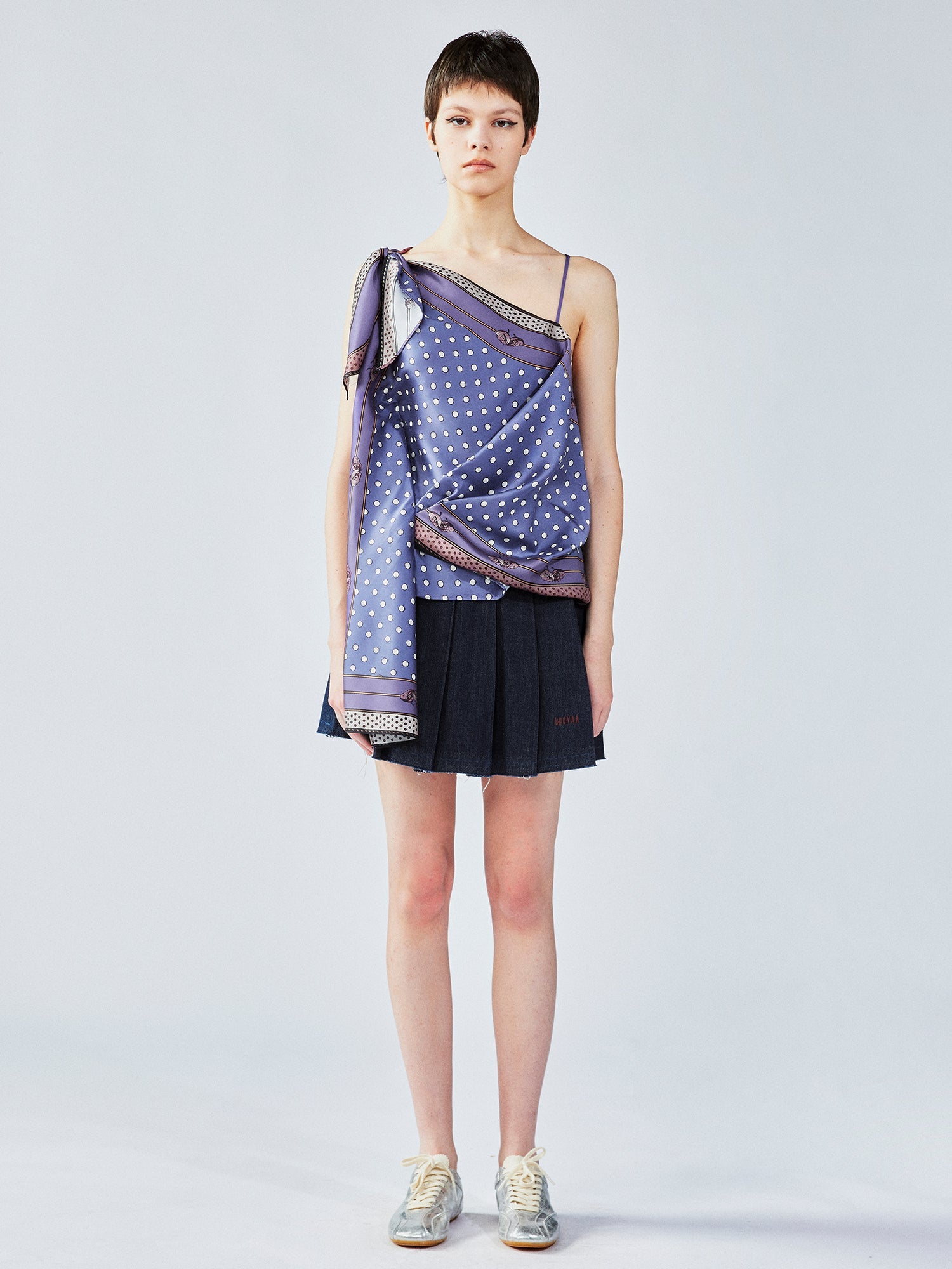 Pleated denim mini skirt