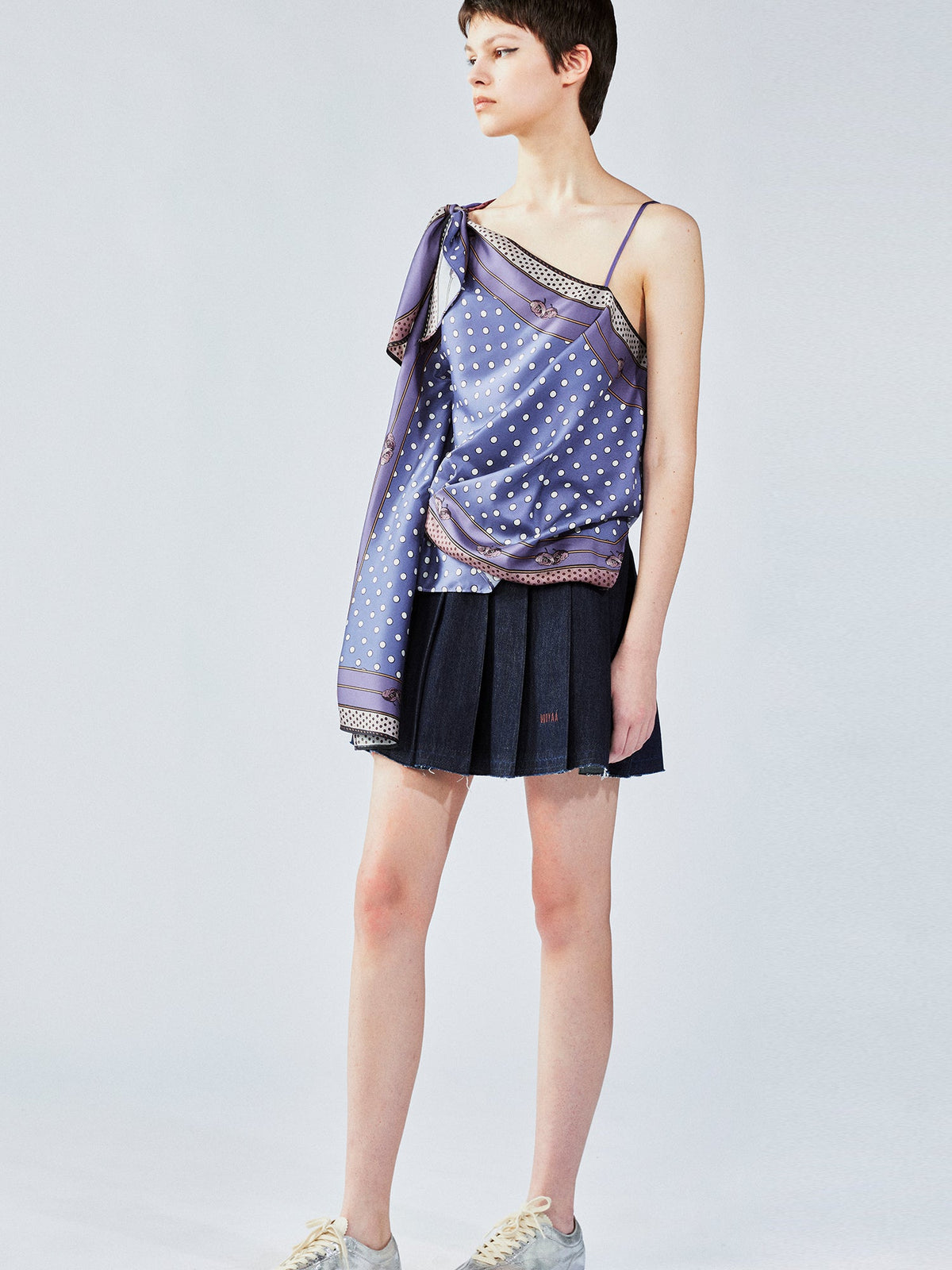 Pleated denim mini skirt