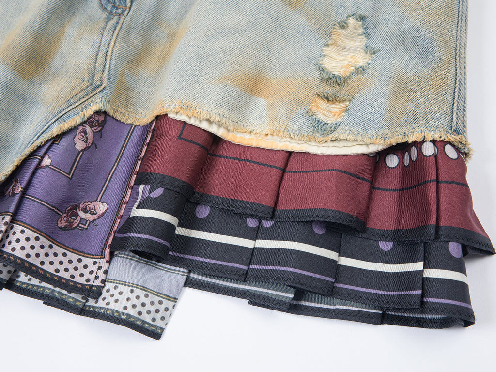 Pleated scarf denim skirt