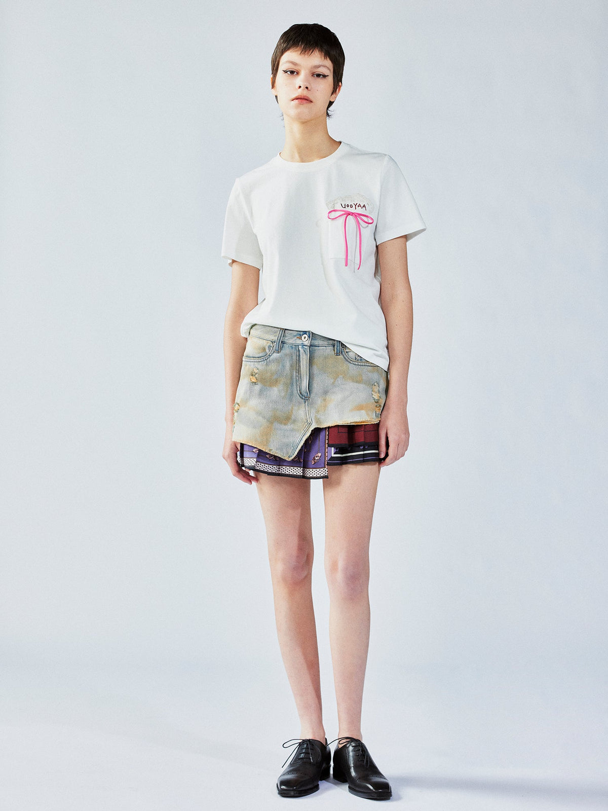 Pleated scarf denim skirt