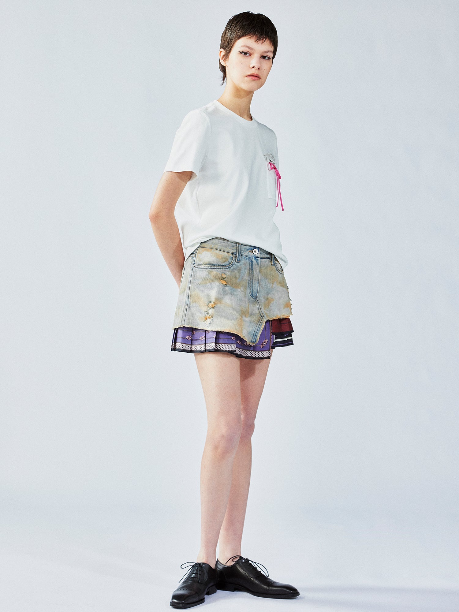 Pleated scarf denim skirt