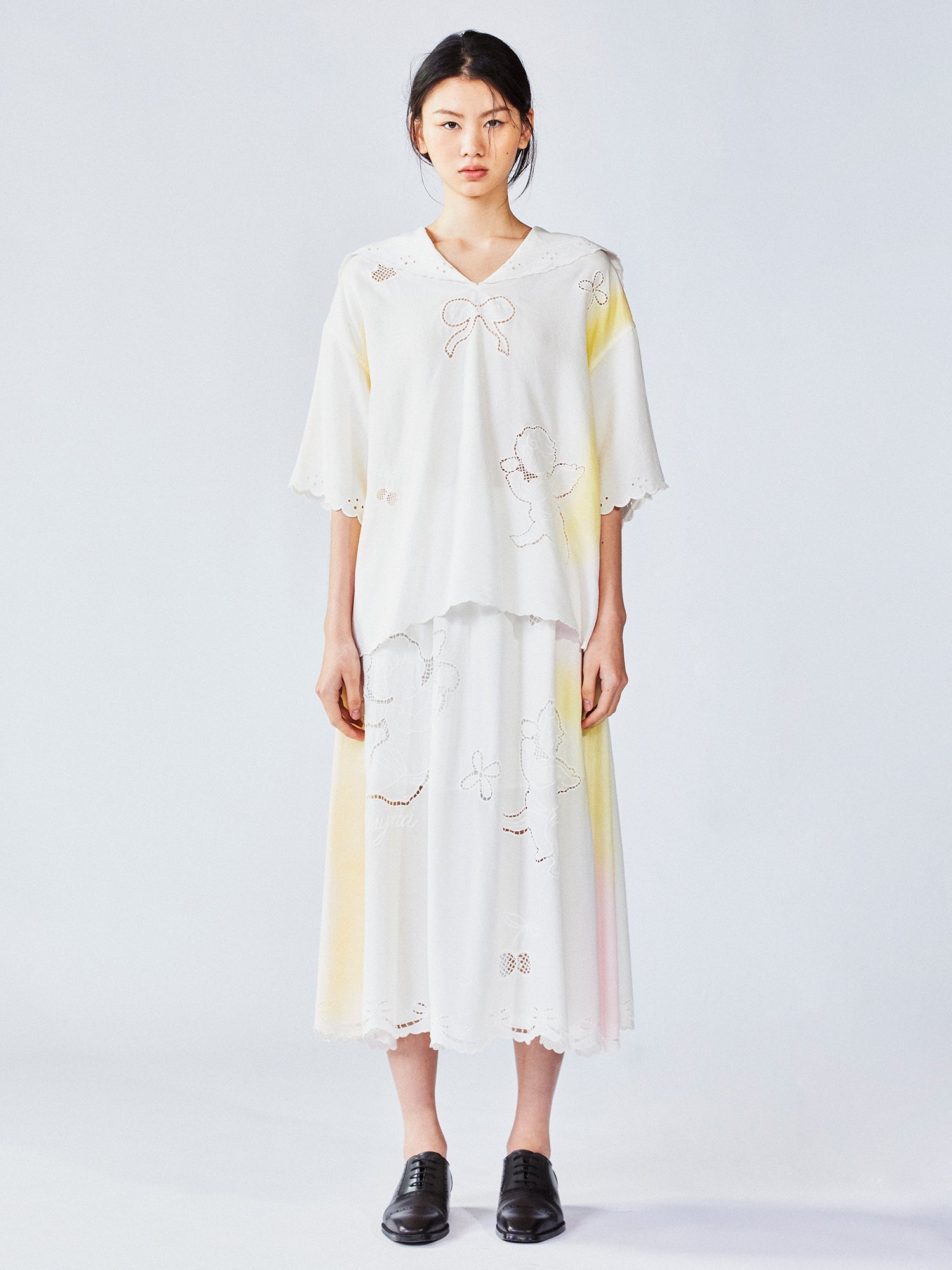 Openwork angel embroidery tencel denim pullover