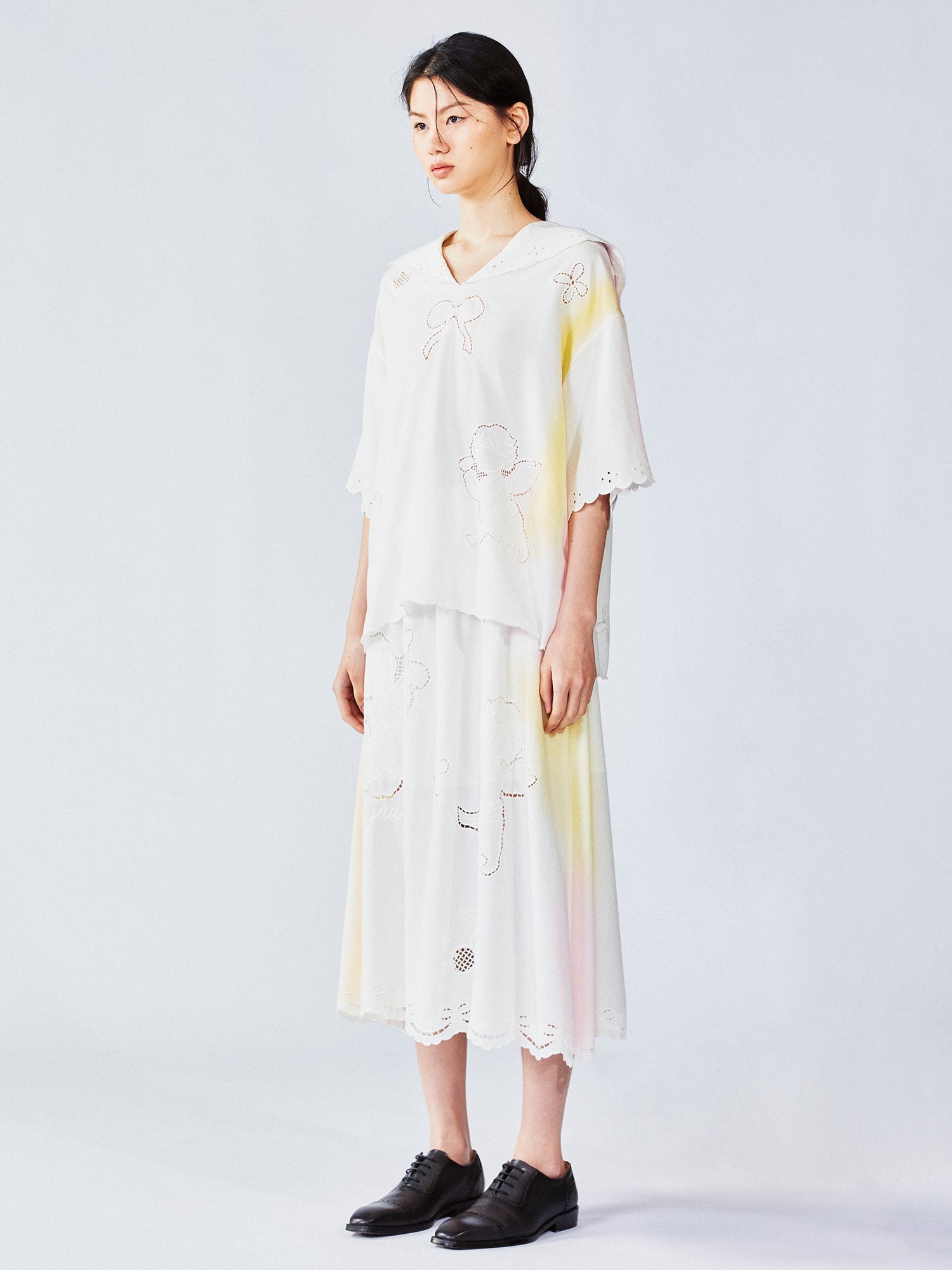 Openwork angel embroidery tencel denim pullover