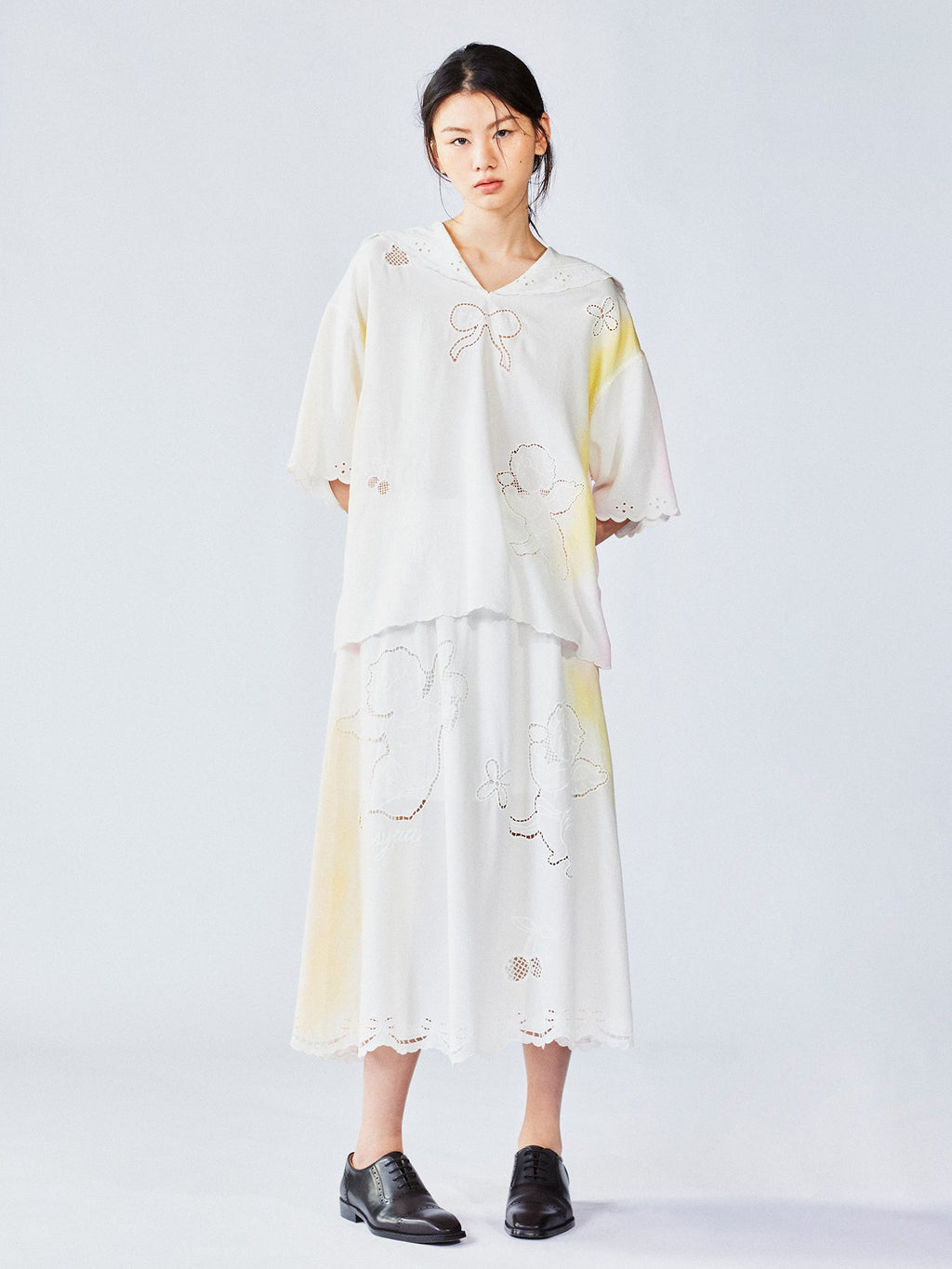 Openwork angel embroidery tencel denim pullover