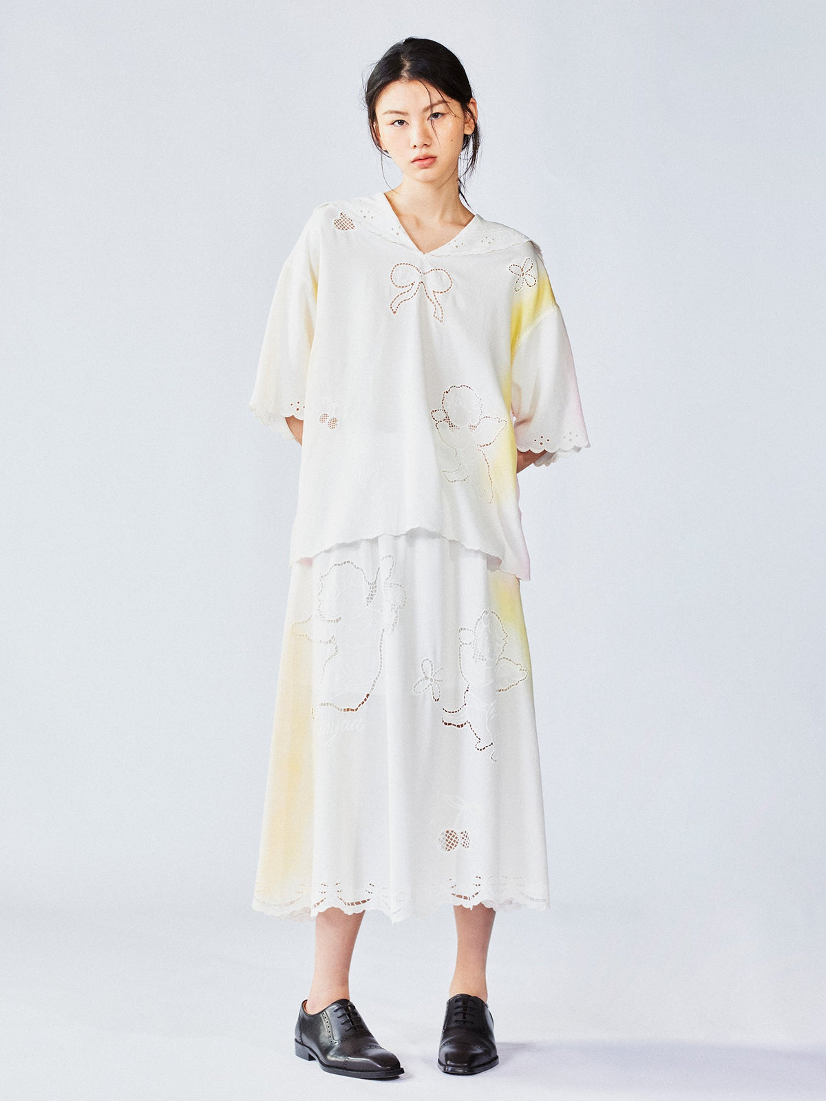 Openwork angel embroidery tencel denim pullover