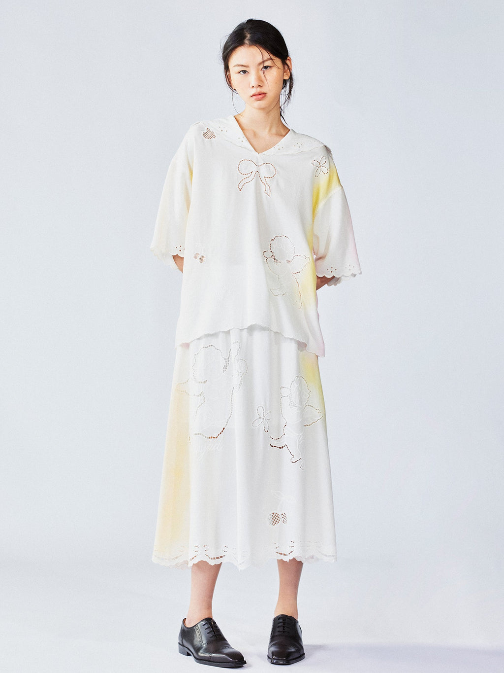 Openwork angel embroidery tencel denim skirt