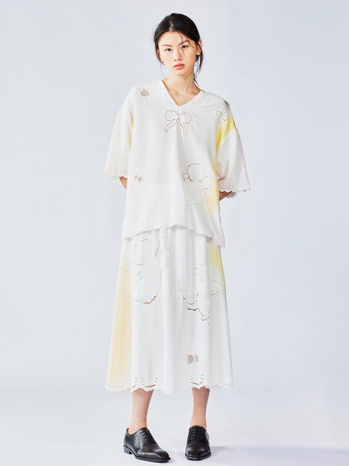 Openwork angel embroidery tencel denim skirt