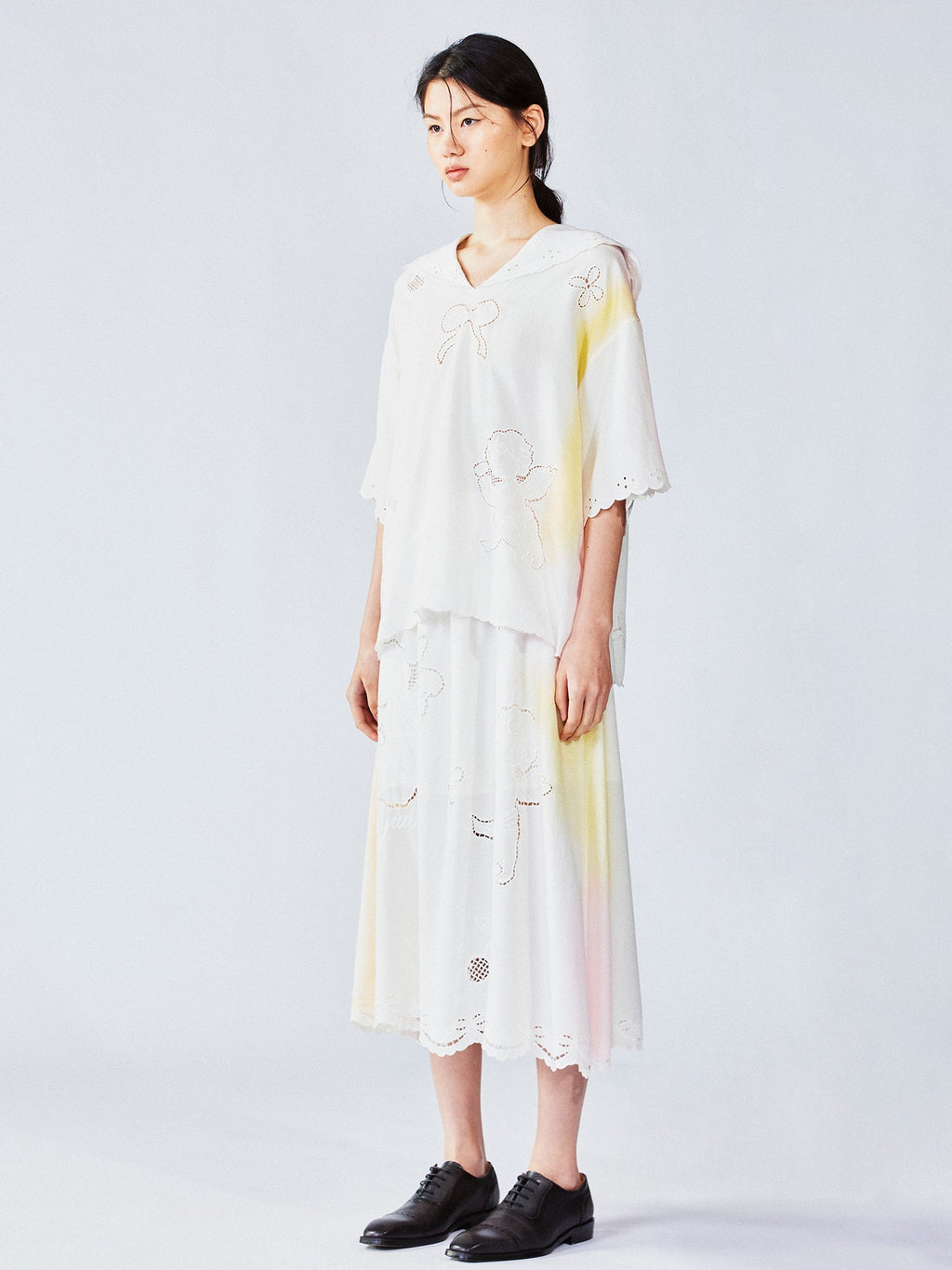 Openwork angel embroidery tencel denim skirt