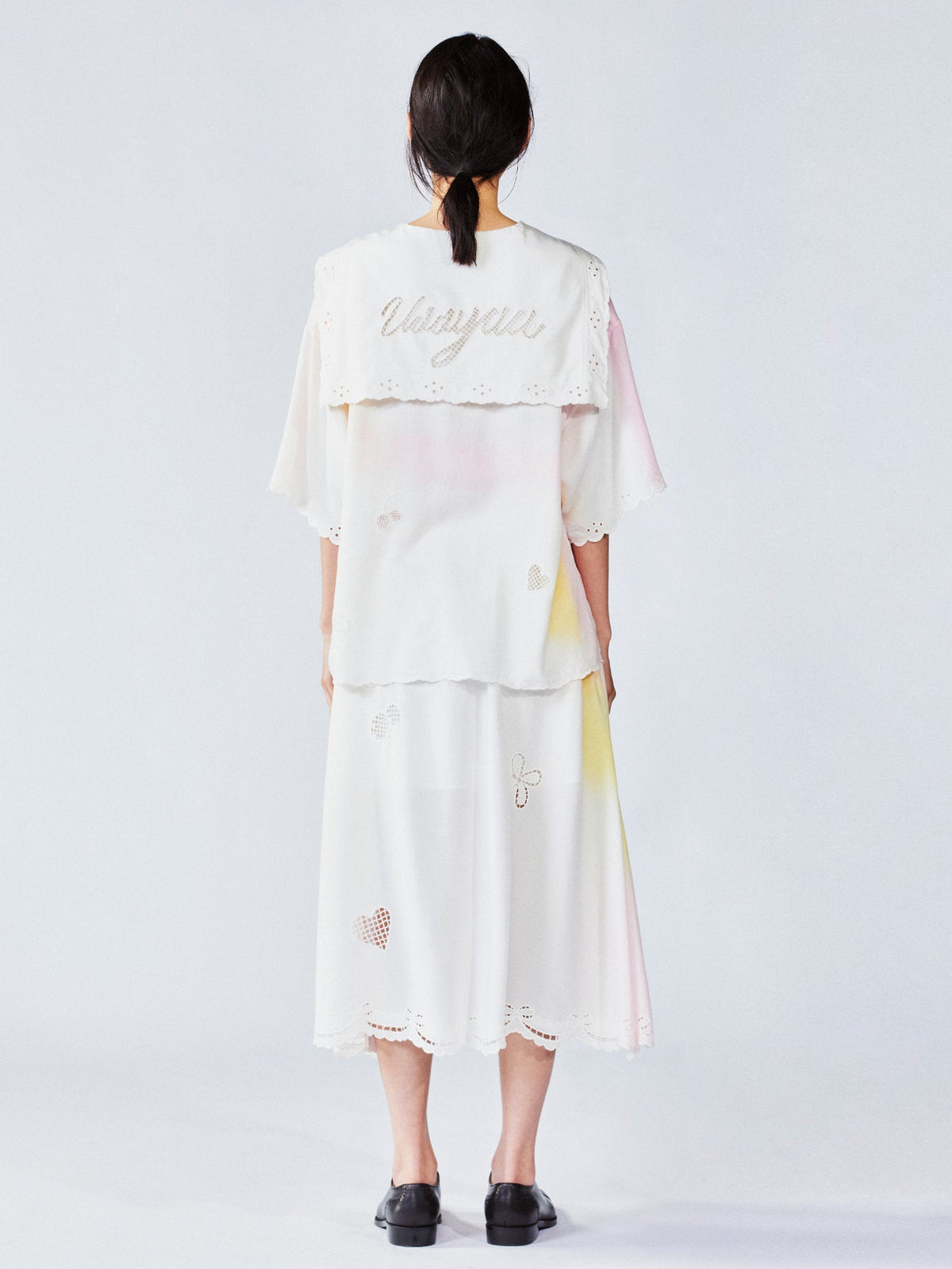 Openwork angel embroidery tencel denim skirt
