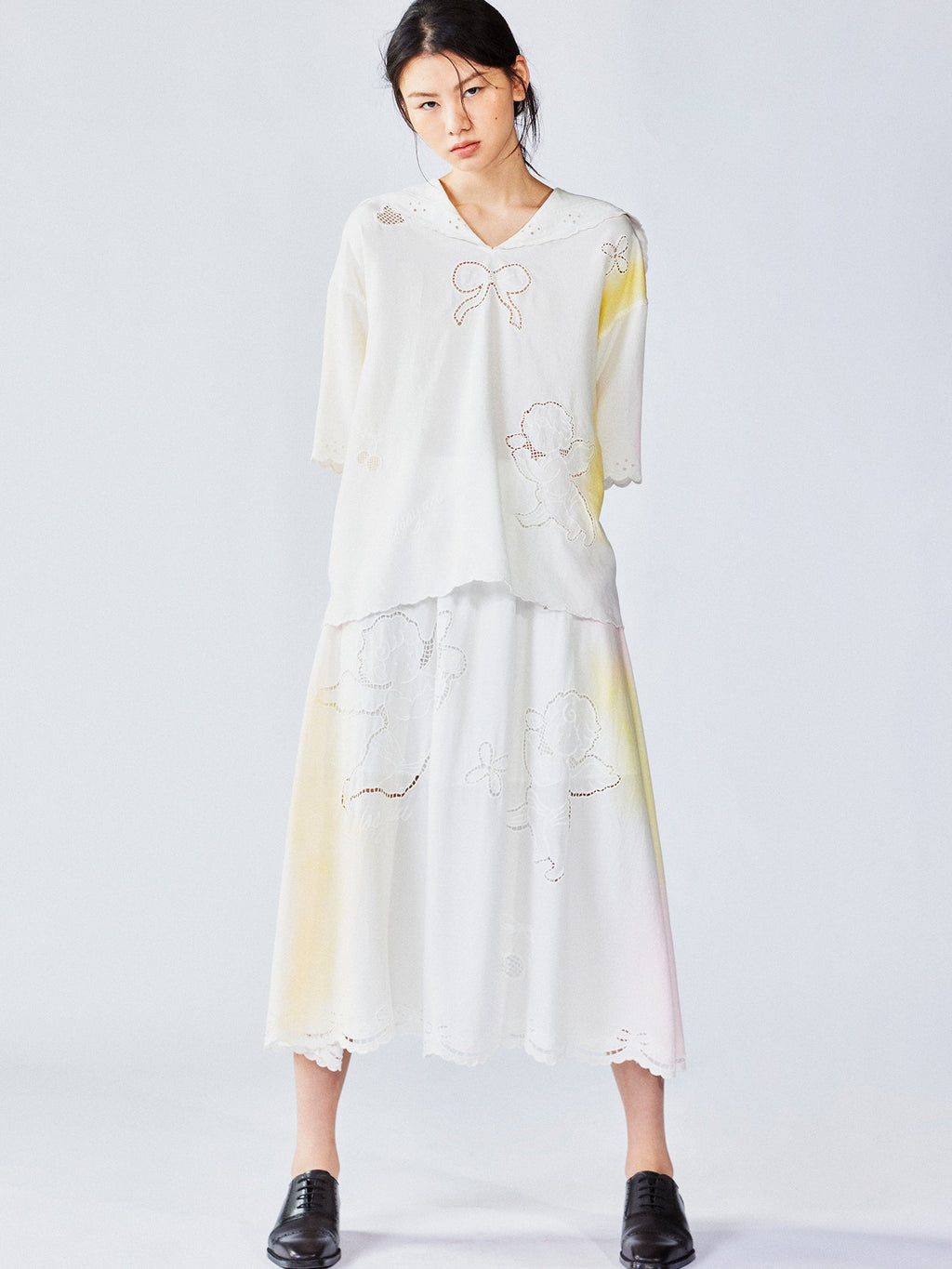 Openwork angel embroidery tencel denim skirt