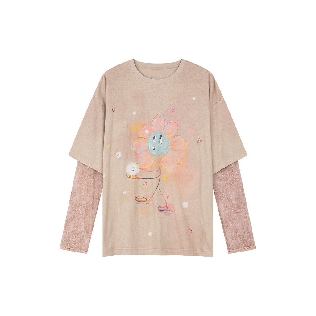 Lace layered dandelion print tee