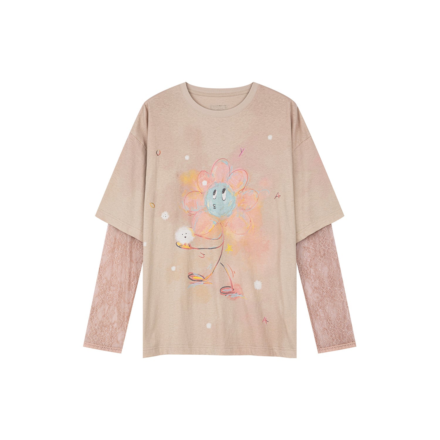Lace layered dandelion print tee